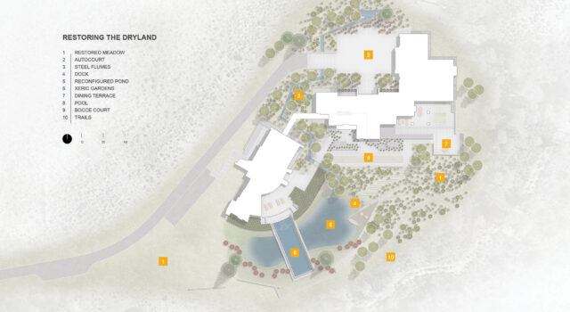 A completely reimagined site plan integrates architecture, ecology, and experience. Restored topography, native planting, and subtle grading connect indoor spaces with outdoor living areas—creating a landscape that performs ecologically while aligning with the material rigor of the home.