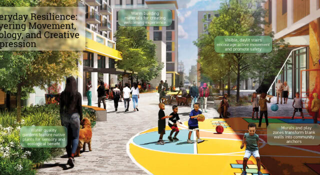 Trauma-informed design transforms courtyard into care with sensory plantings calm the nervous system, murals and play invite joy, and visible, daylit stairs foster safety and active engagement with the community.