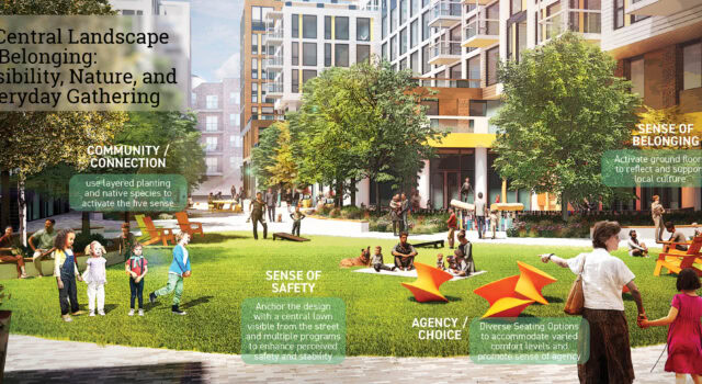 A courtyard designed for connection, where visibility, shade, and everyday rhythms foster safety, belonging, and multigenerational life. More than open space, it is the social heart of the community and a model for equitable, family-centered design.